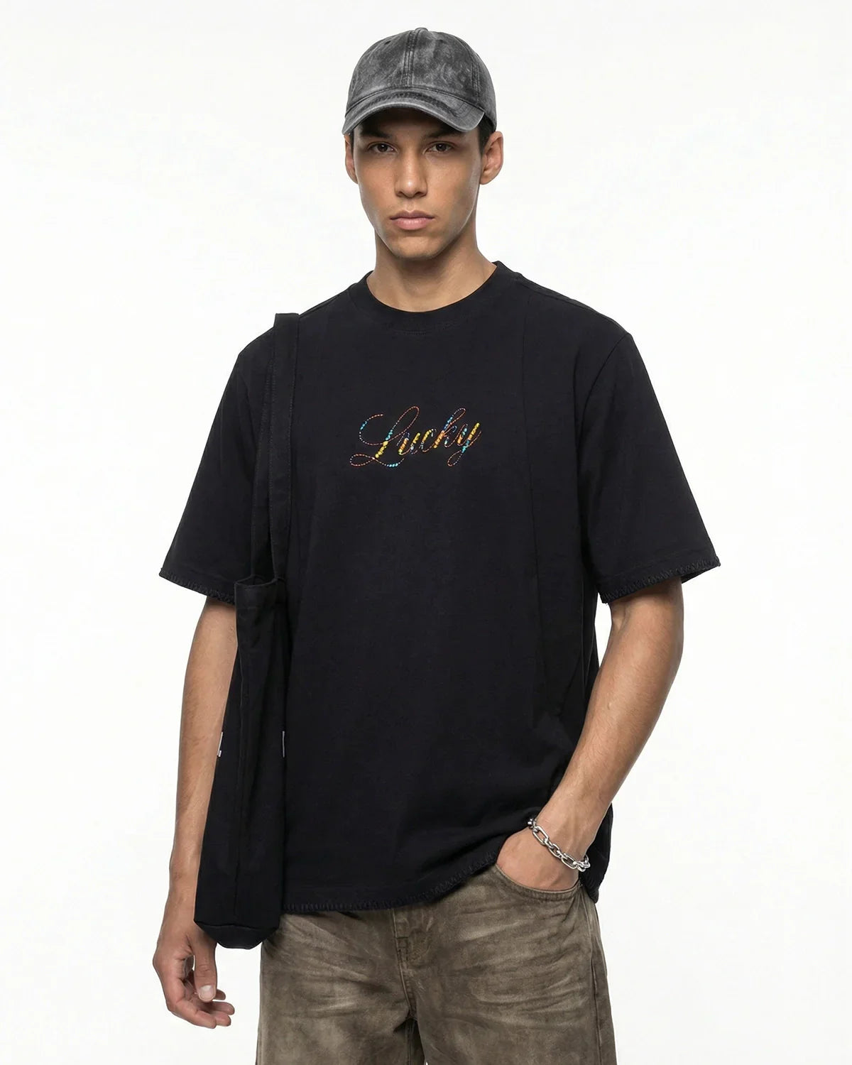 Rhinestone Lucky Graphic Oversized Tees
