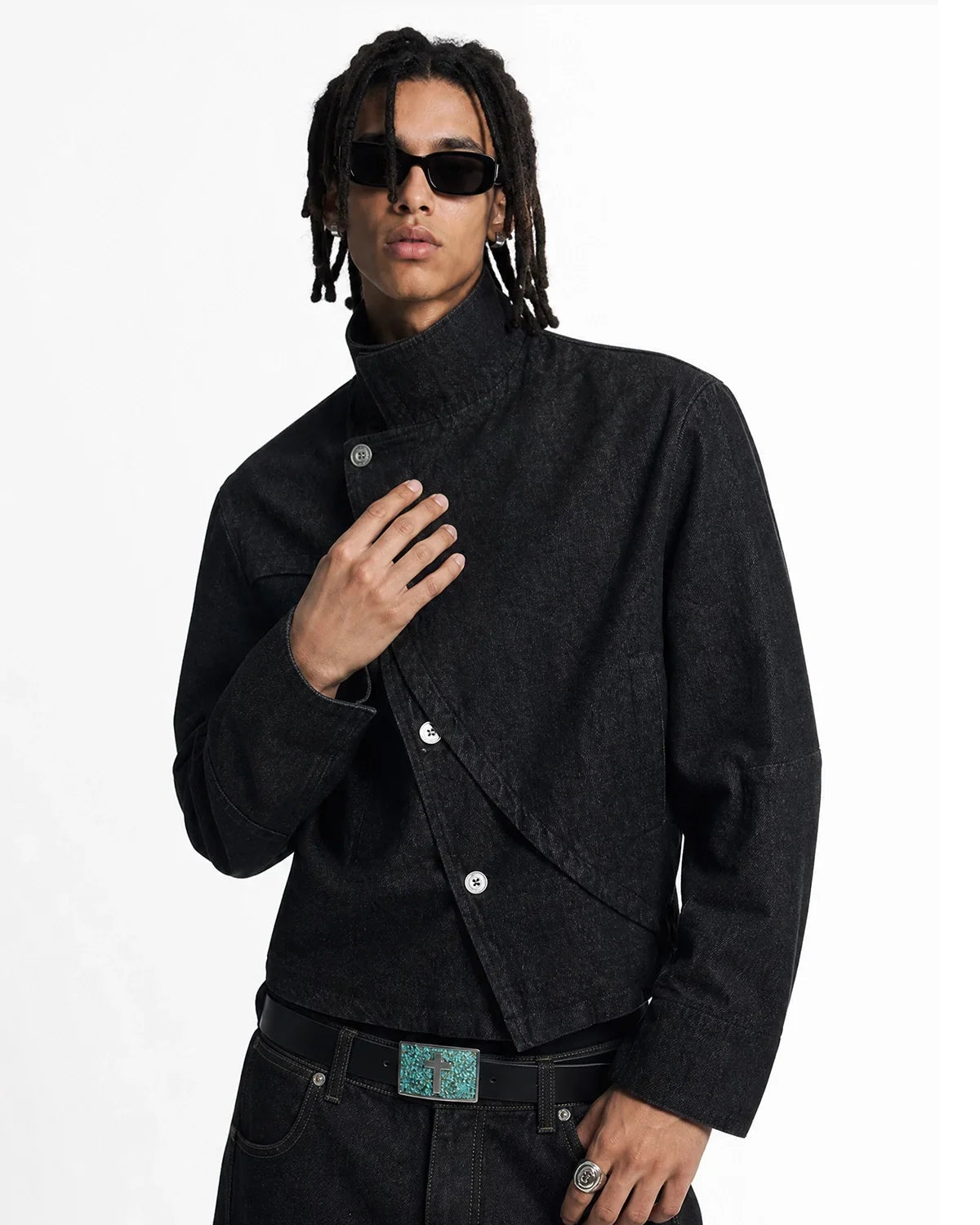 Cropped Asymmetric Button Denim Jacket