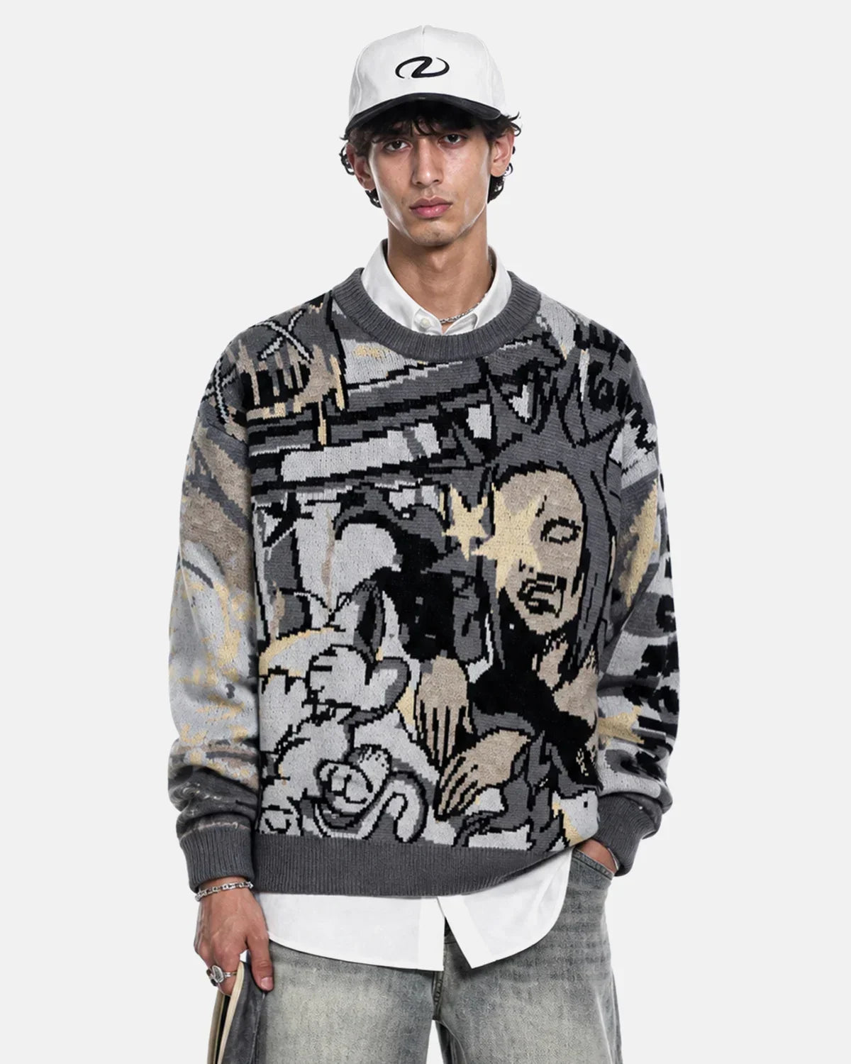 Comic Graphic Crew Neck Knit Sweater