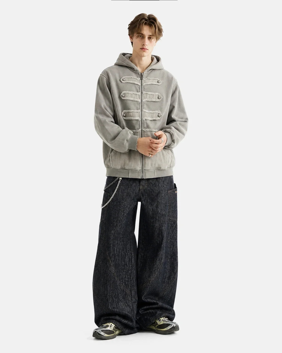 Washed Studded Boxy Zip Up Hoodie