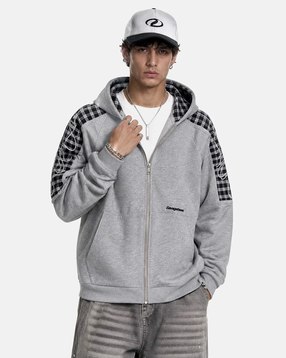 Plaid Panel Zip-Up Hoodie