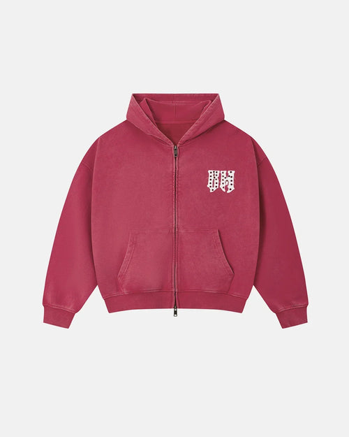 Sweat à capuche zippé effet délavé à lettre gothique - Rouge / S