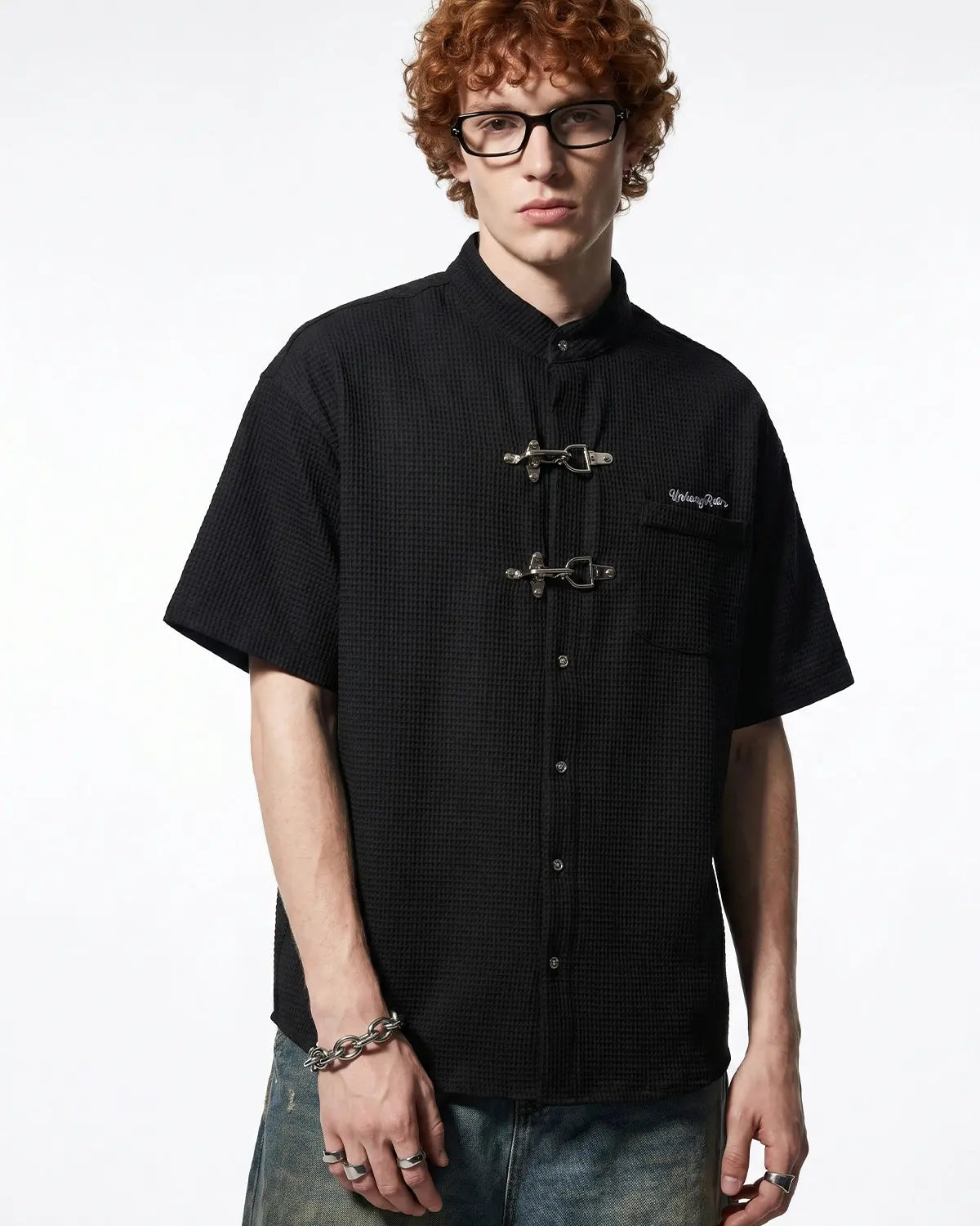 Waffle Shirt with Metal Clasp Detail