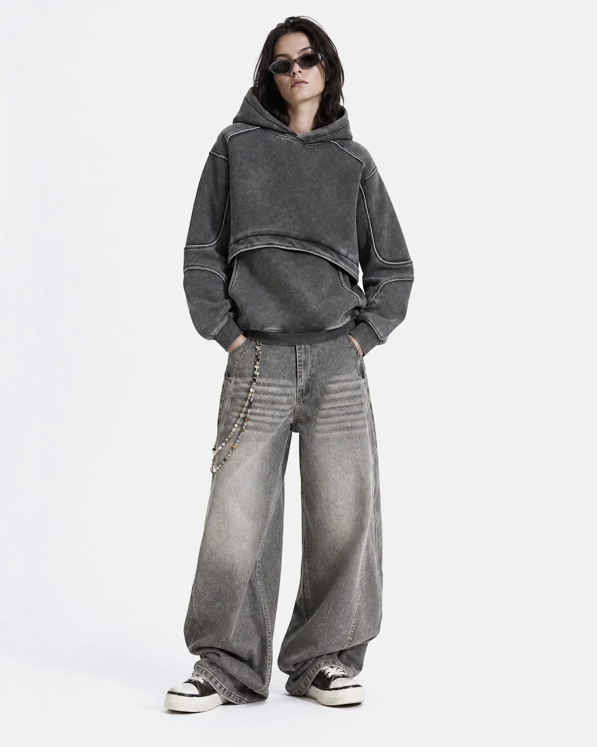 Washed Reflective Piping Boxy Hoodie