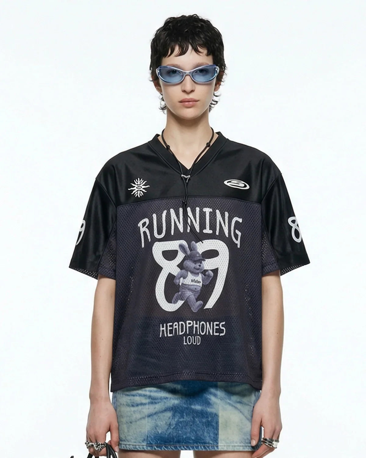 V-Neck Mesh Patchwork Jersey Tee