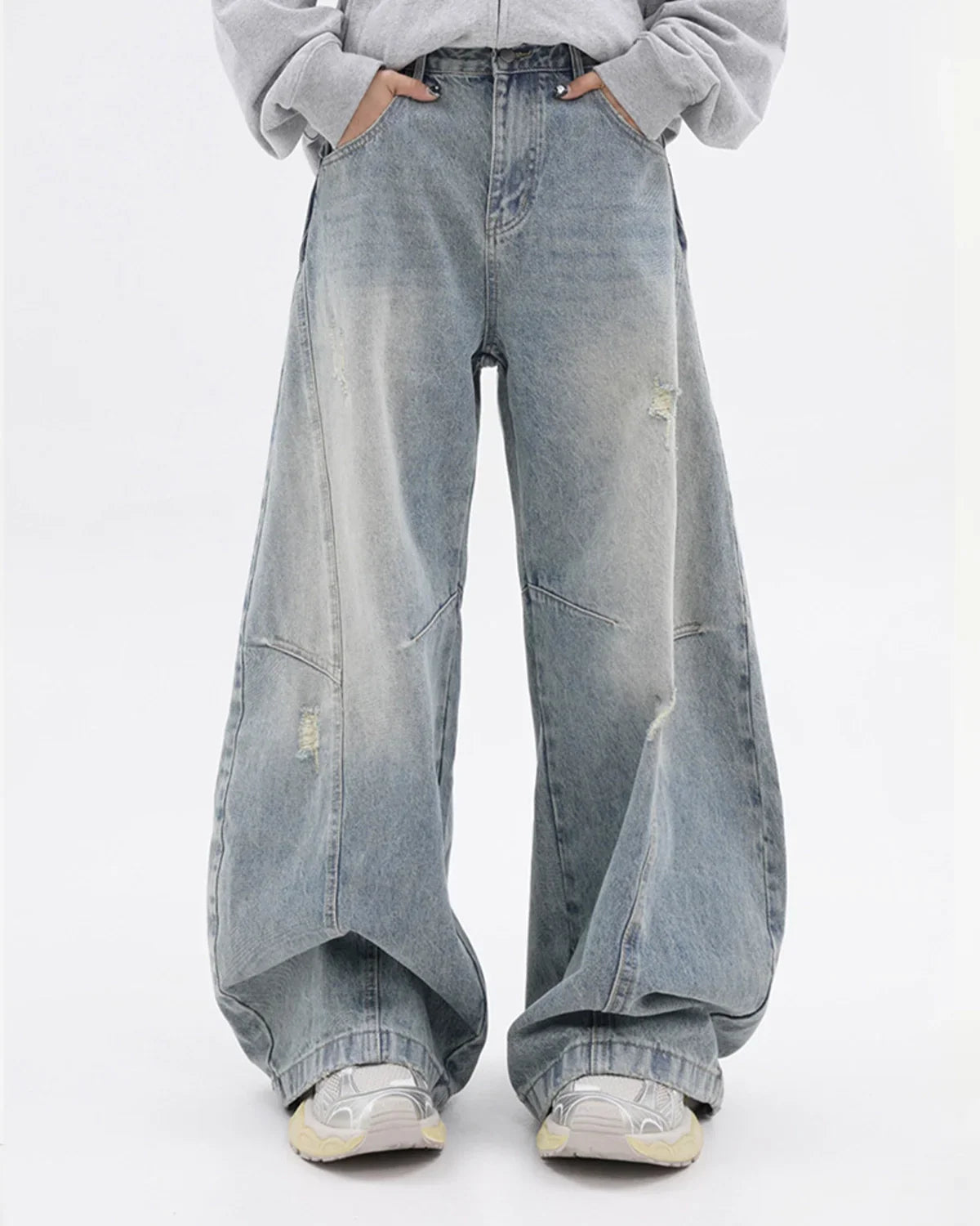 Acid Washed Distressed Barrel Jeans