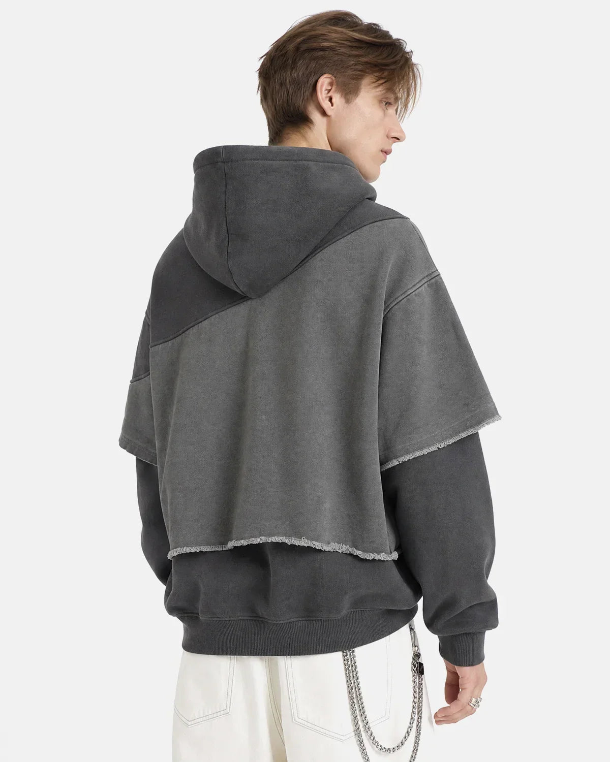 Washed Layered Raw Edge Boxy Hoodie