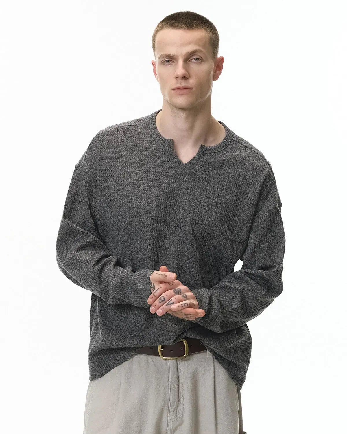 V-neck Long Sleeve Waffle Tees