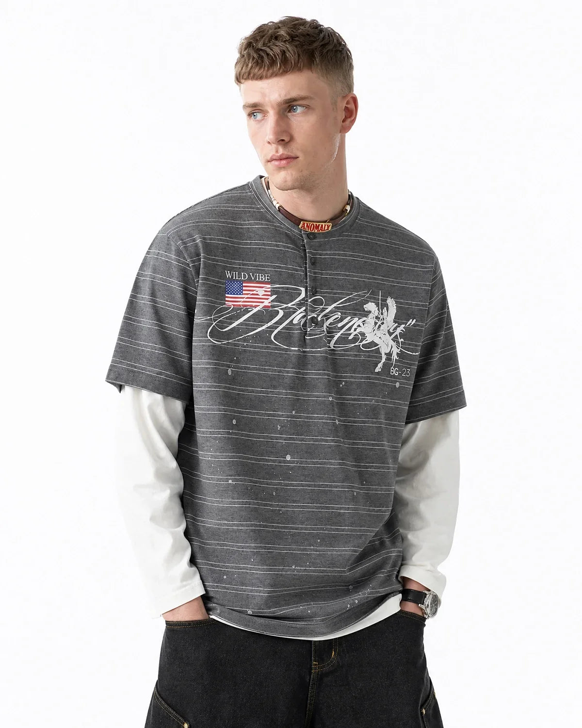 Layered Henley Stripe T-Shirt