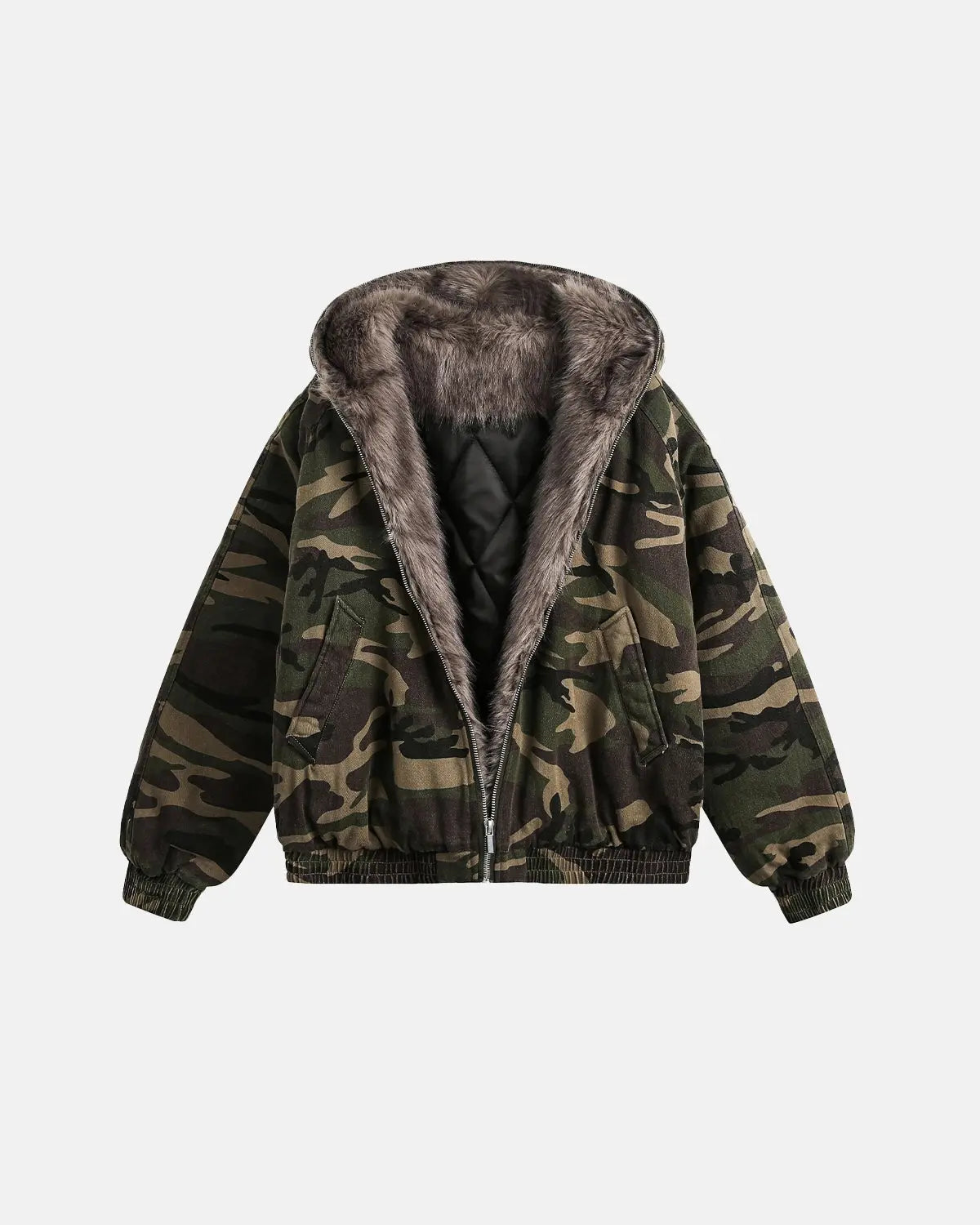 Camo Faux Fur Lined Bomber Jacket MADXMARX