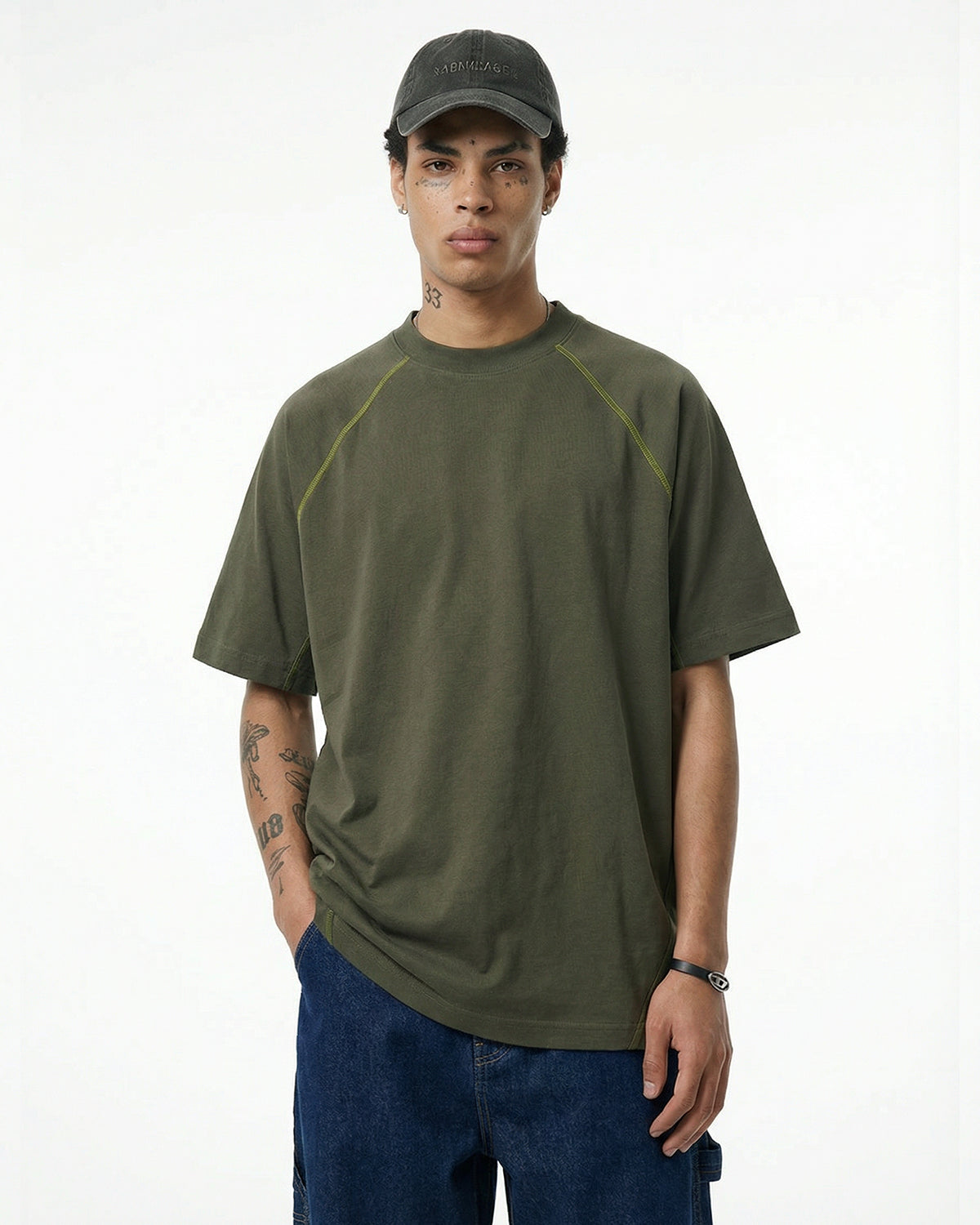 Contrast Color Stiching Stretch T-shirt