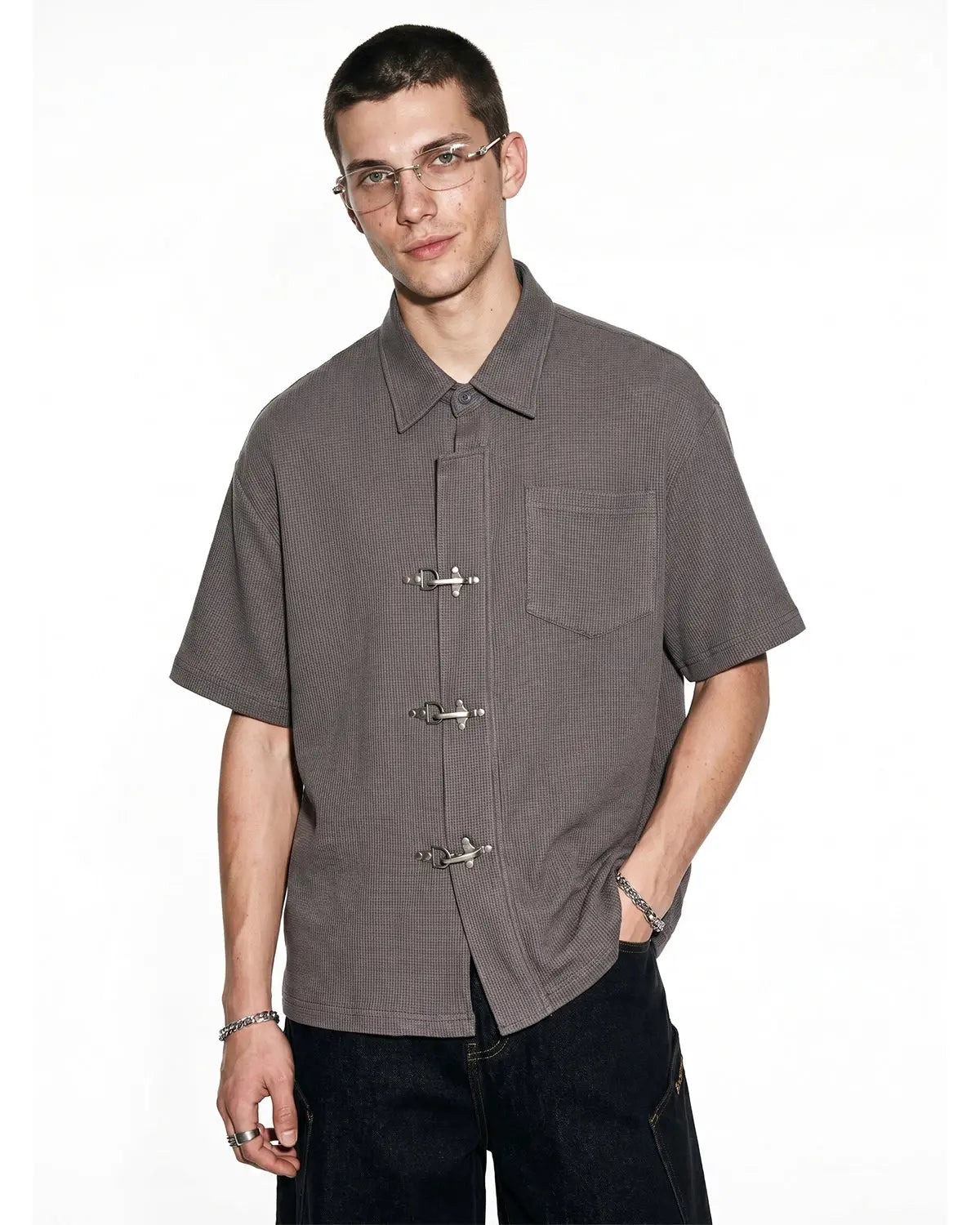 Metal Clasp Waffle Shirt
