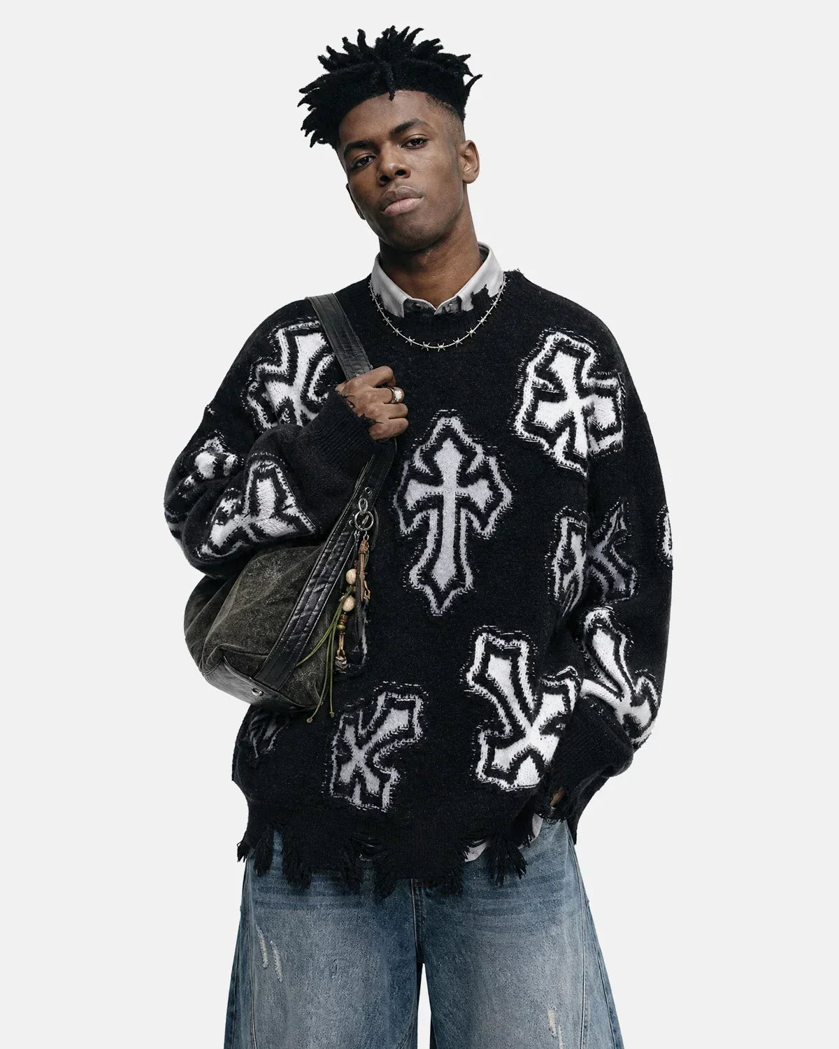 Distressed Cross Graphic Knit Sweater