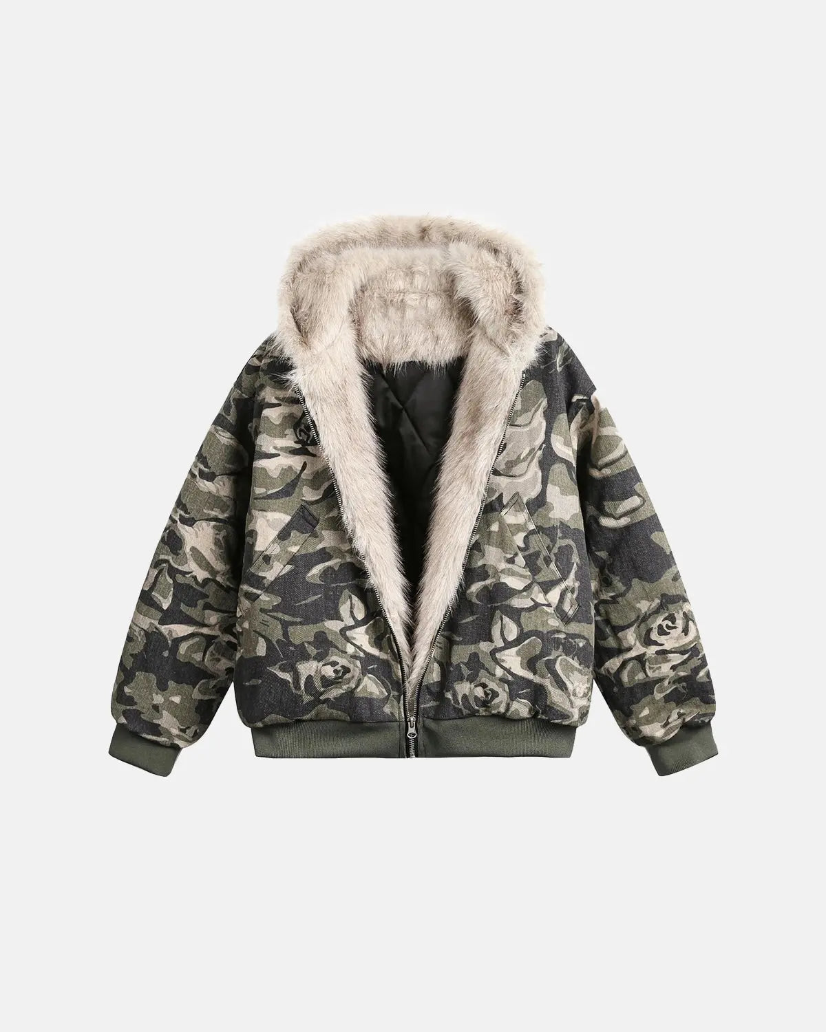 Camo Faux Fur Padded Hooded Jacket MADXMARX