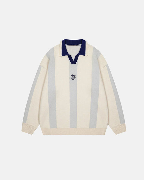 Retro gestreifter Strickpullover im Polostil - Aprikose / S