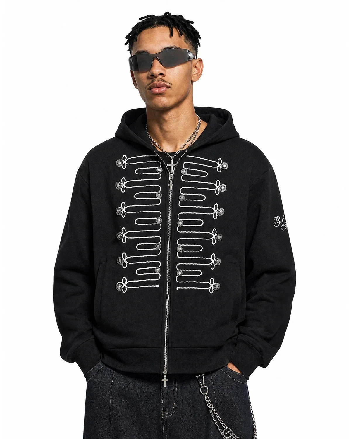 Braided Embroidery Boxy Zip Up Hoodie