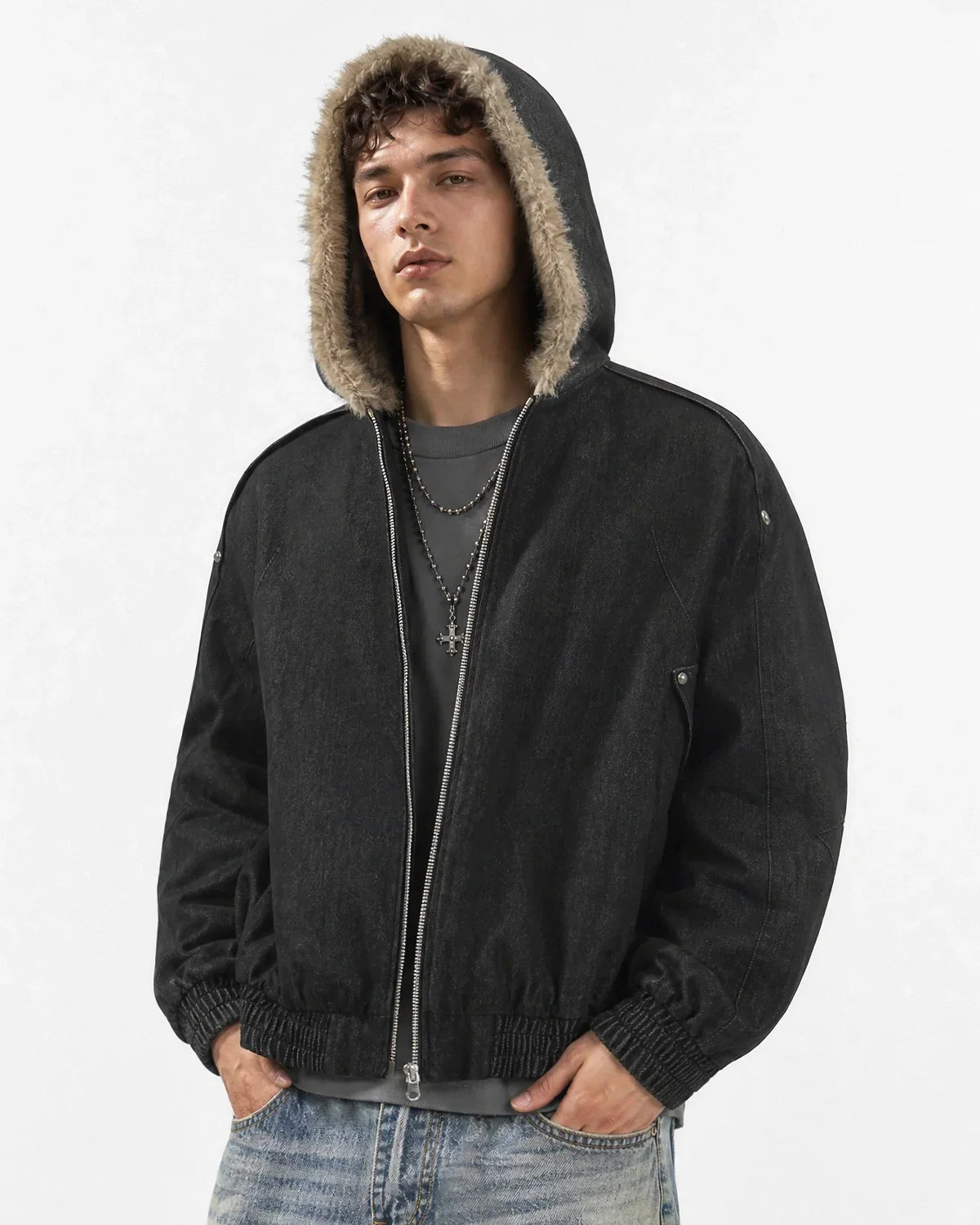 Faux Fur Hooded Padded Denim Jacket