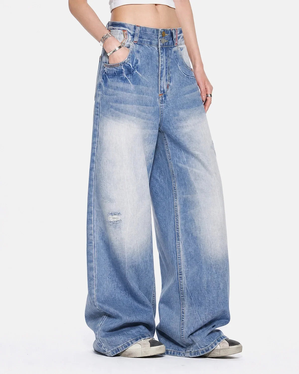 Calça Jeans Baggy com Costura Multicolorida