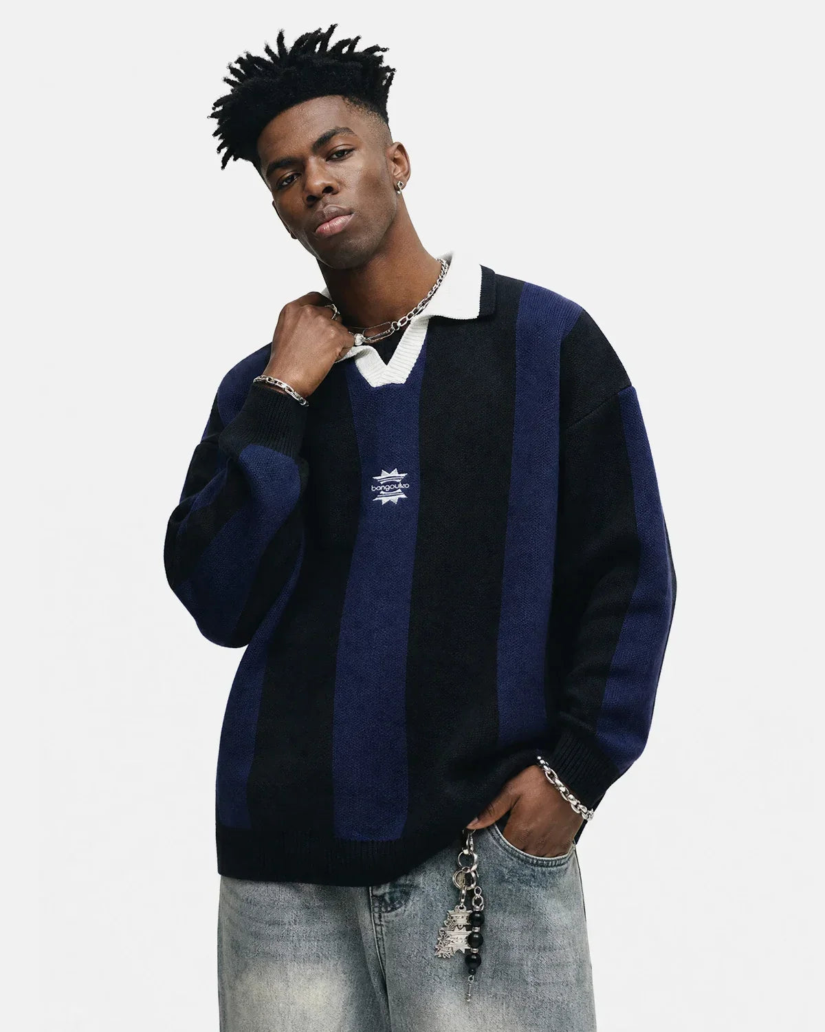 Retro Striped Polo Knit Sweater