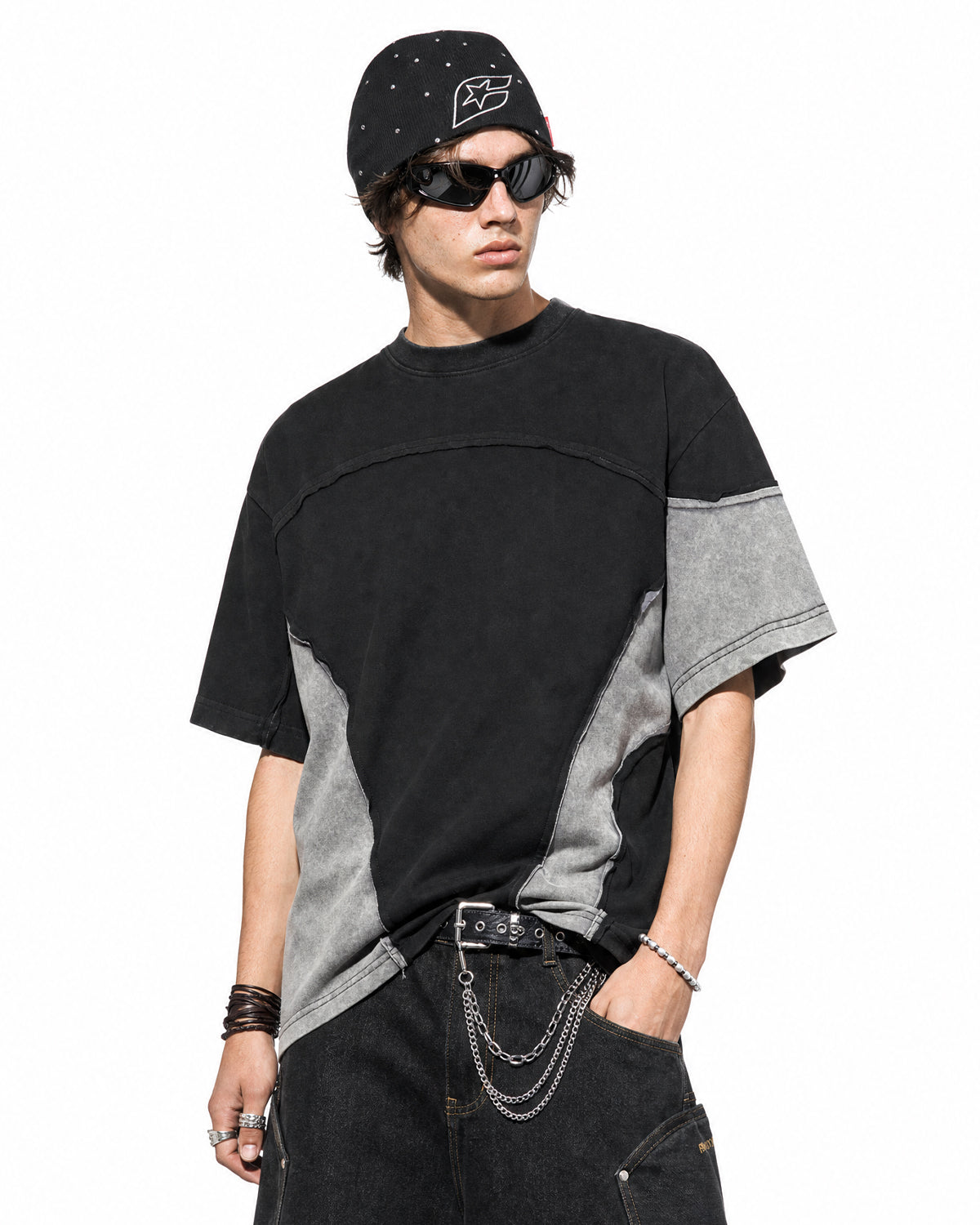 Patchwork Washed Boxy Cropped T-Shirt