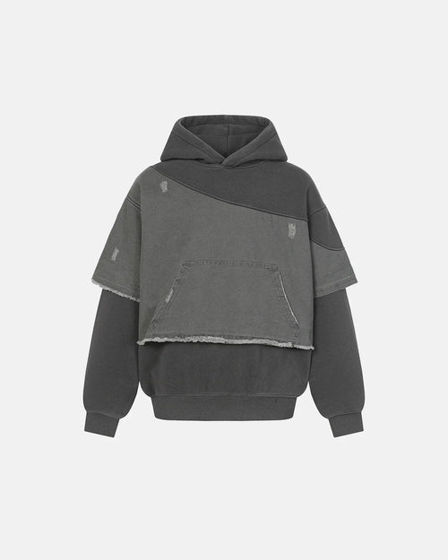 Washed Layered Raw Edge Boxy Hoodie - Gray / S