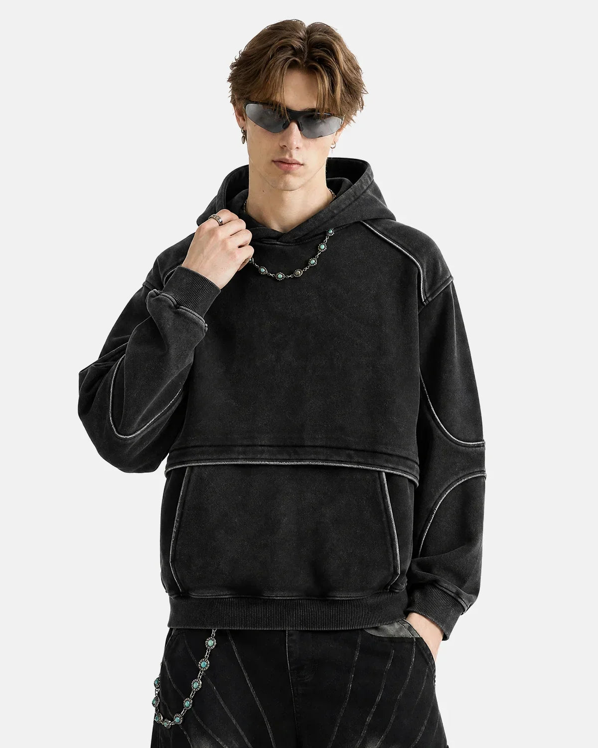 Washed Reflective Piping Boxy Hoodie