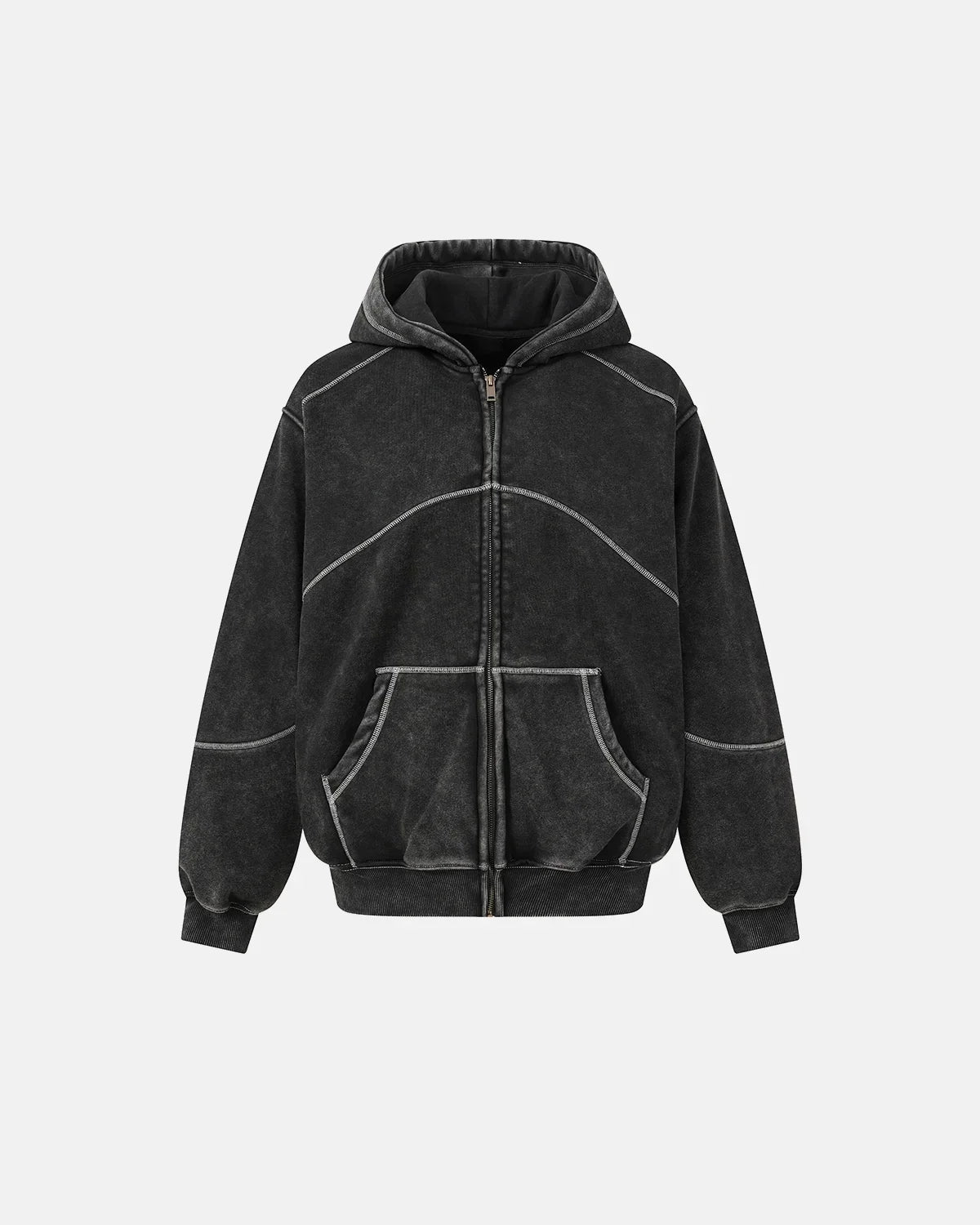 Contrast Stitch Boxy Zip Up Hoodie