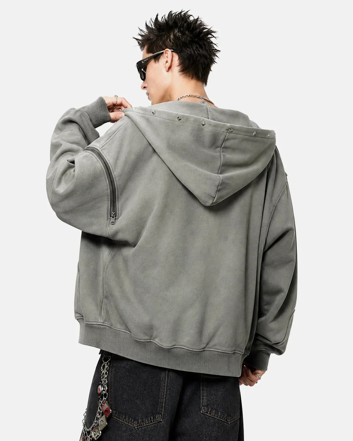 Dirty Washed Studded Boxy Zip Up Hoodie