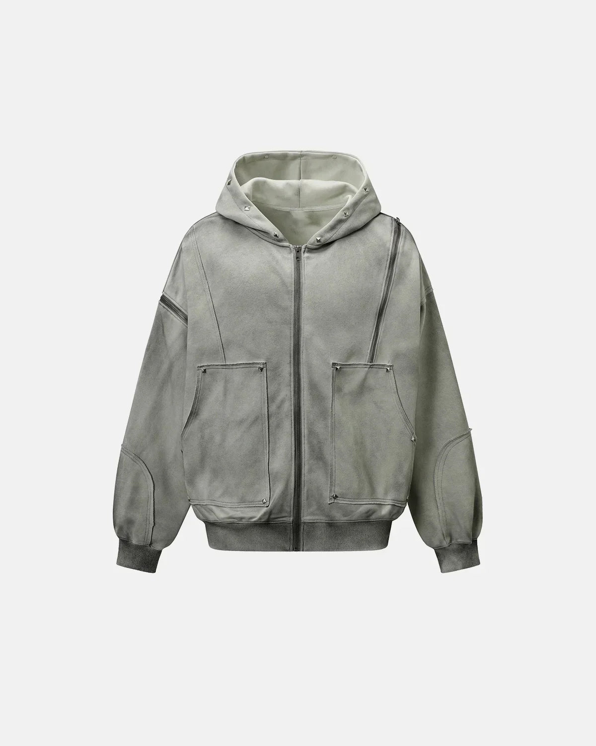 Dirty Washed Studded Boxy Zip Up Hoodie