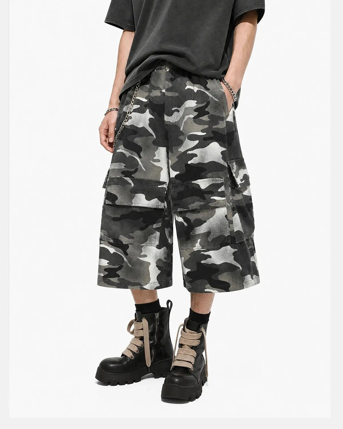 Grey Camo Utility Longline Shorts