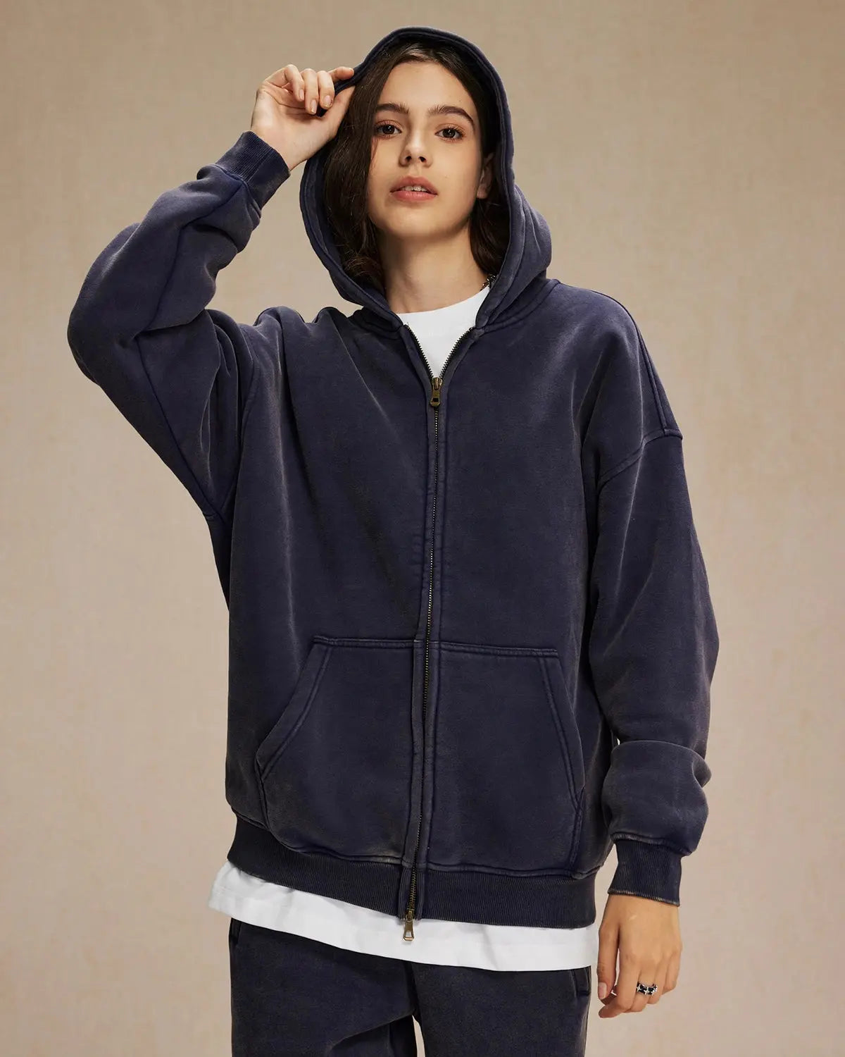 Washed Distressed Fleece Zip Up Hoodies
