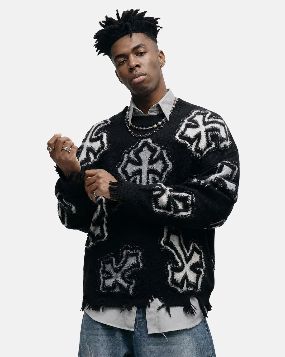 Distressed Cross Graphic Knit Sweater