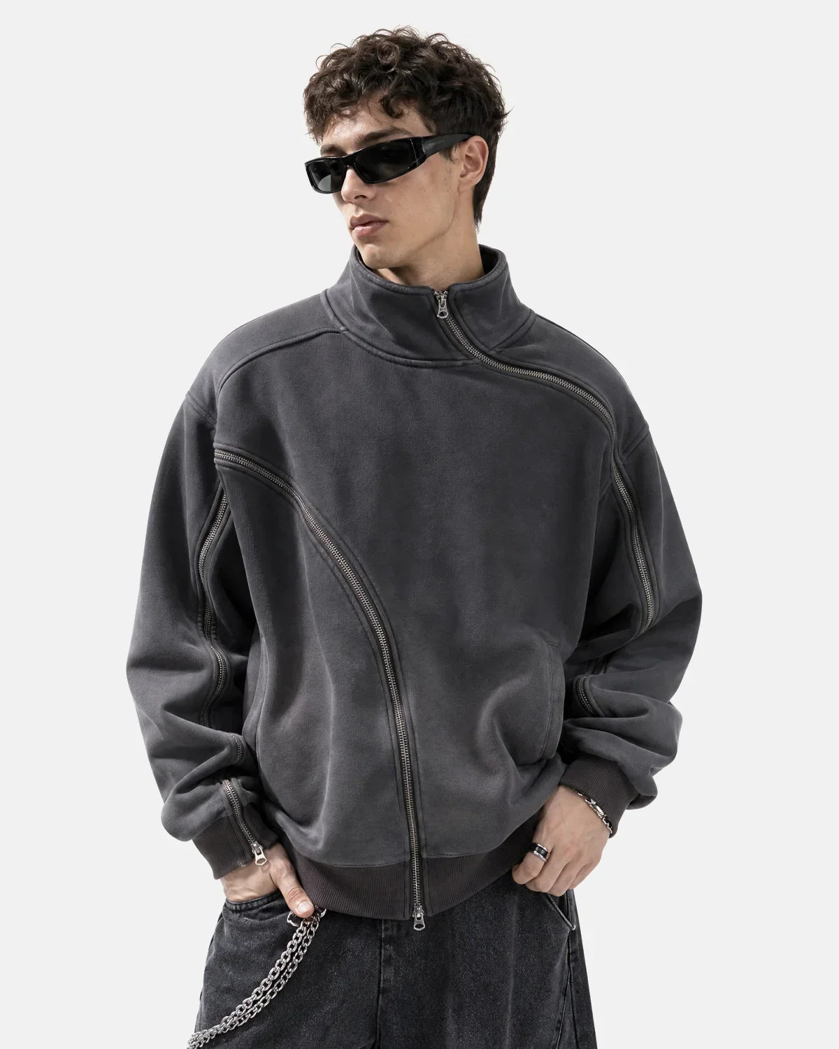 Sudadera lavada con cremallera asimétrica