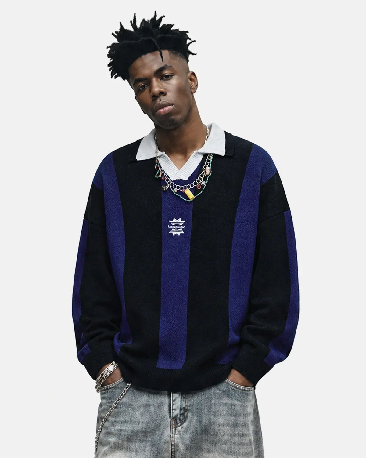 Retro Striped Polo Knit Sweater