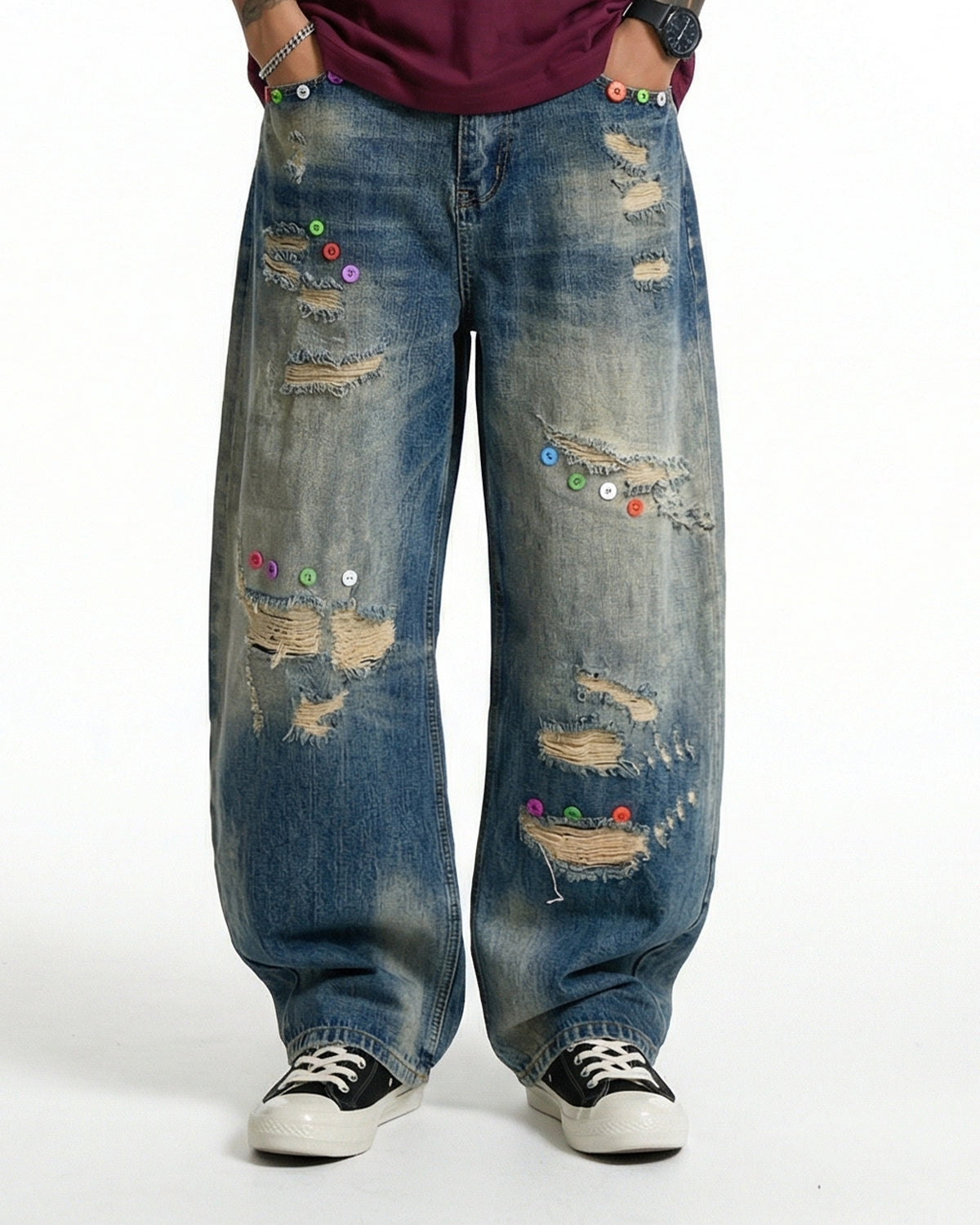 Distressed Button Barrel Jeans