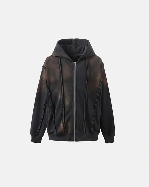 Distressed Panel Zip Up Hoodie - Black / S
