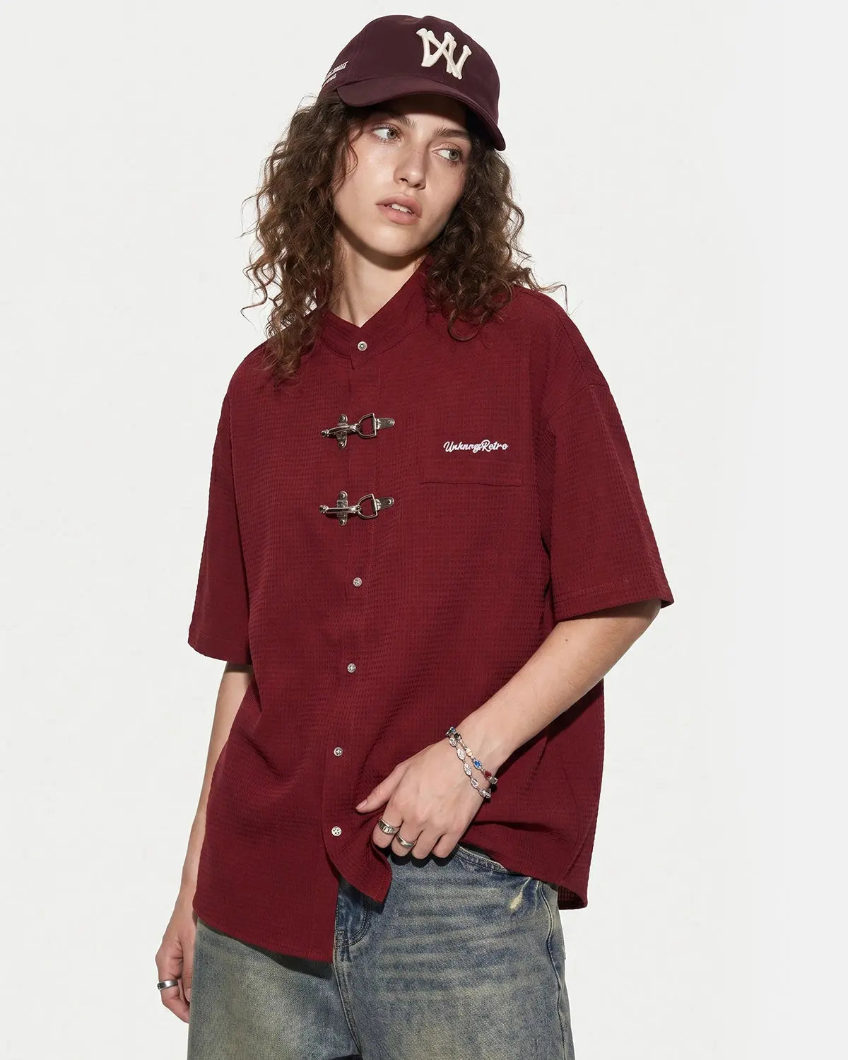 Waffle Shirt with Metal Clasp Detail