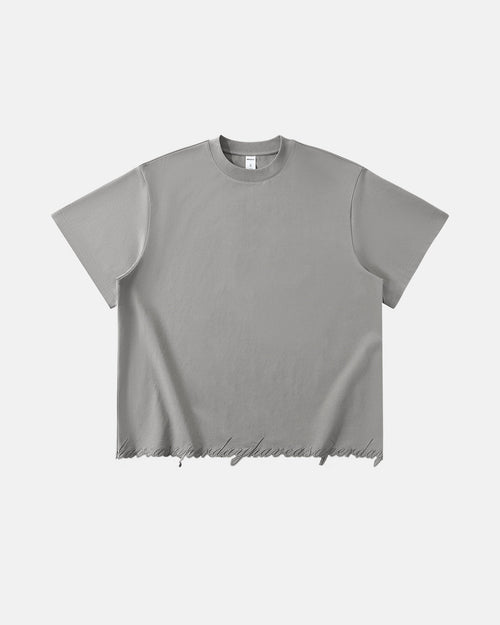 Embroidered Frayed Hem Oversized T-Shirt - Grey / M