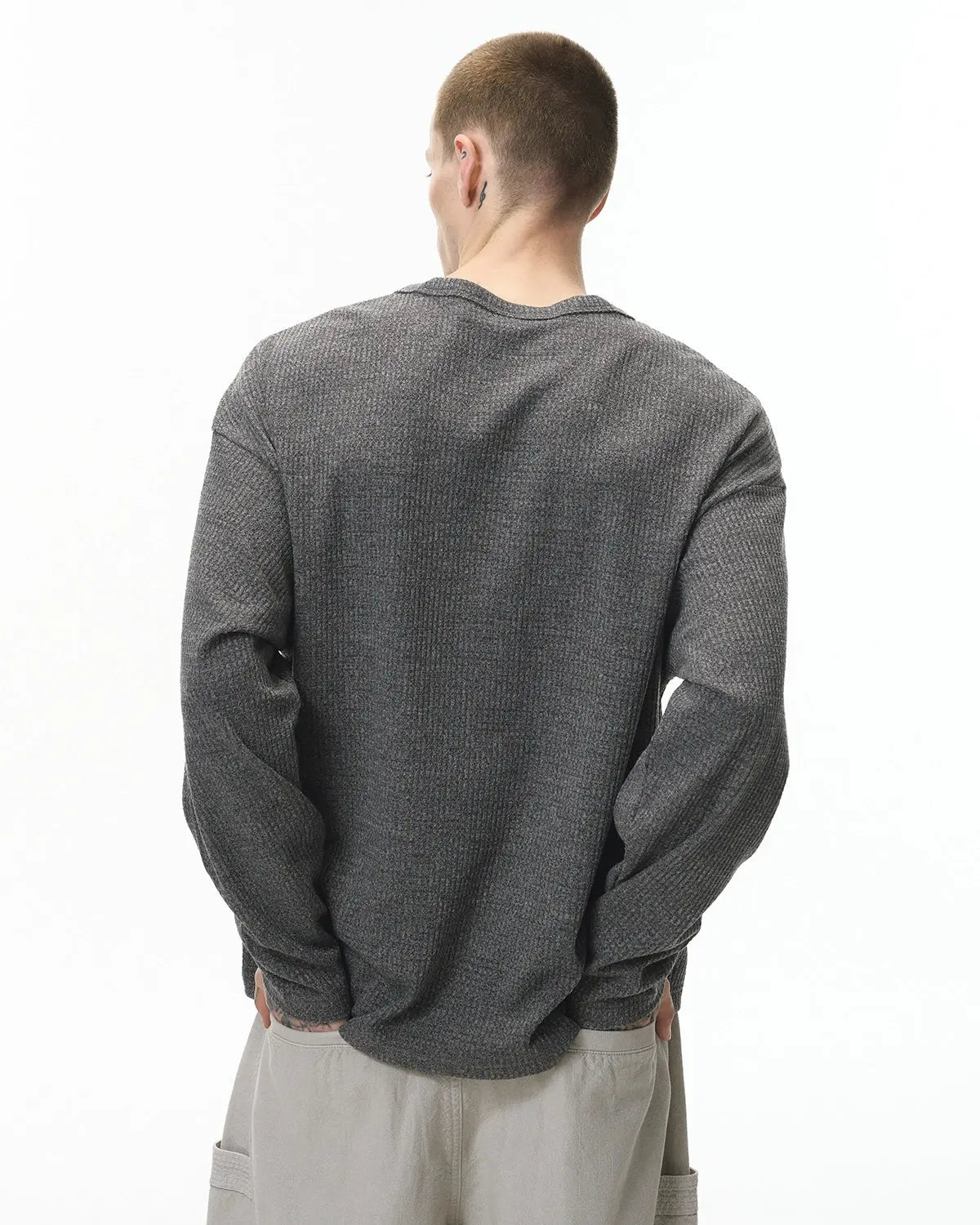V-neck Long Sleeve Waffle Tees