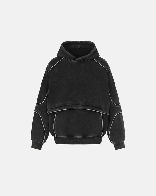 Boxy Hoodie mit reflektierenden Paspeln in gewaschener Optik - Schwarz / S