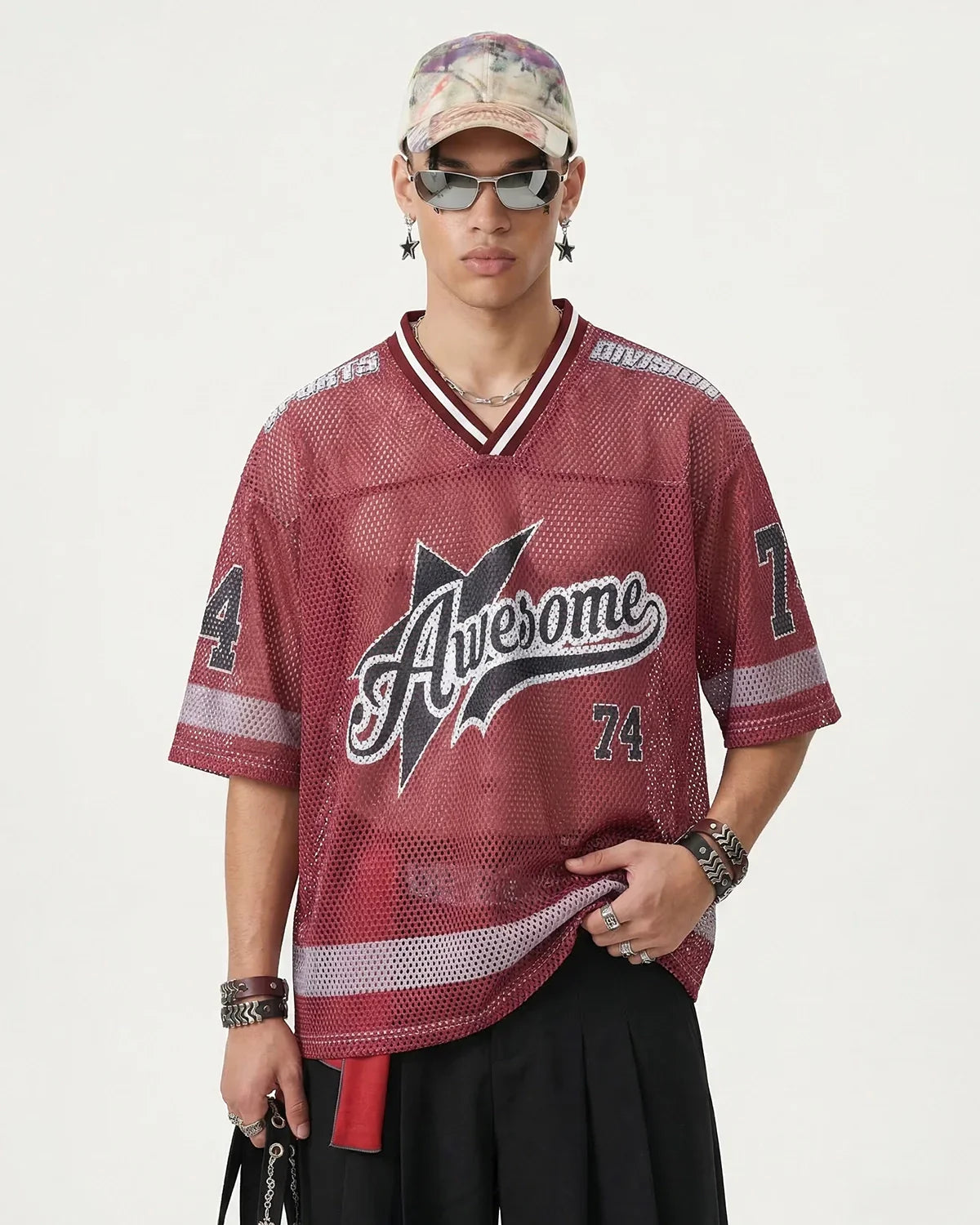 V-neck Graphic Mesh Jersey