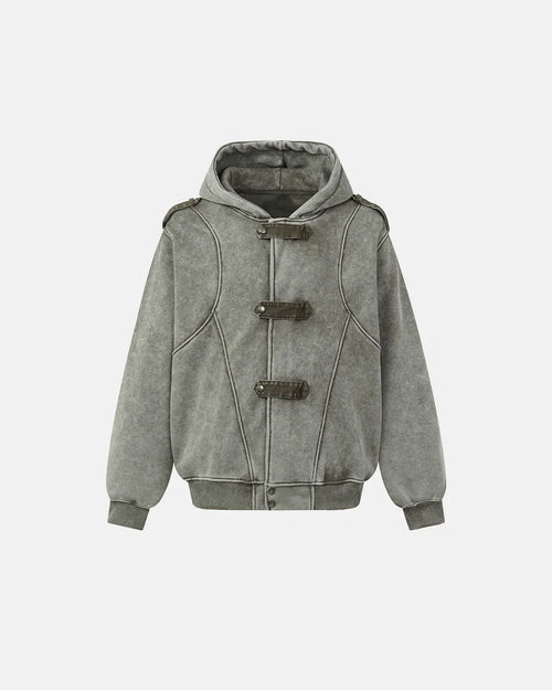 Vintage Washed Buckle Hoodie Jacket - Black / S
