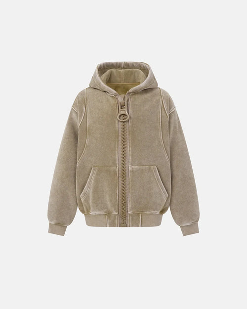Acid Washed Mega Zip Boxy Hoodie - Khaki / S