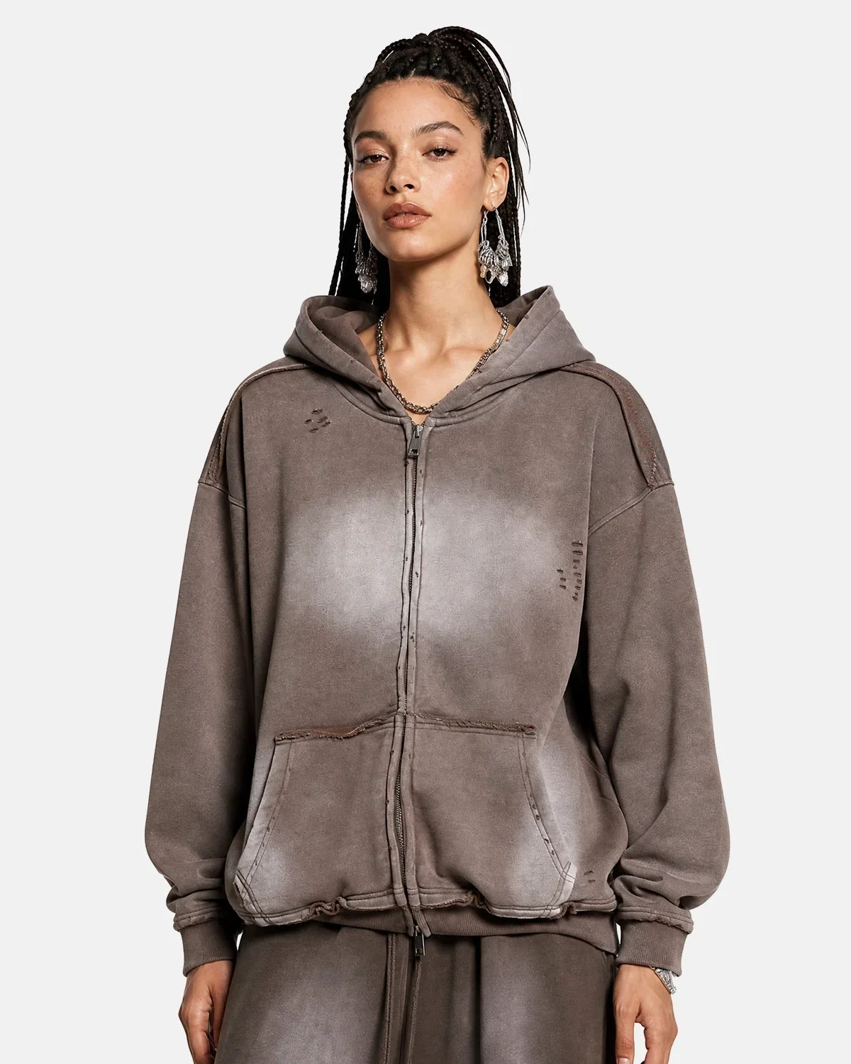 Monkey Wash Ripped Zip Up Hoodies