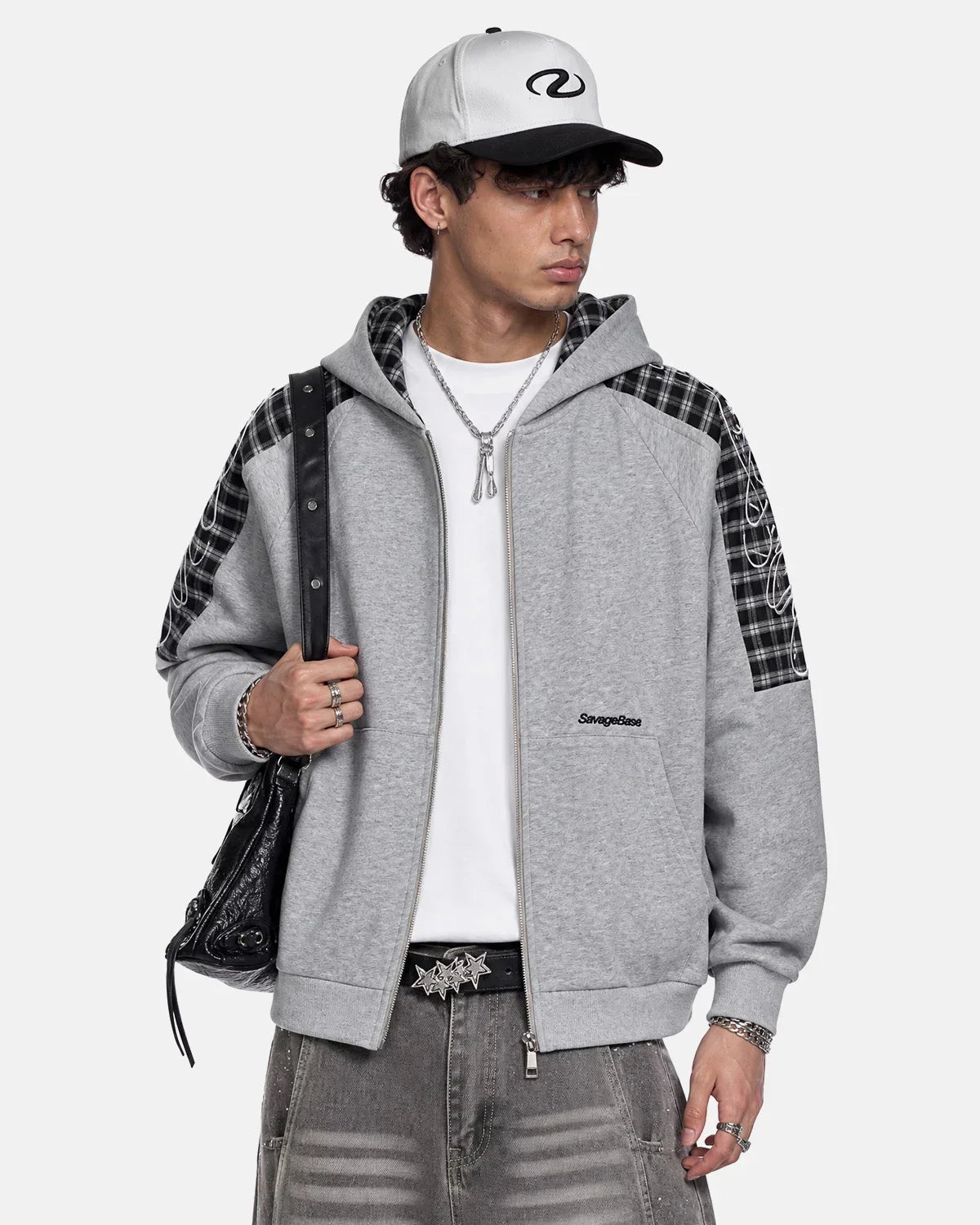 Plaid Panel Zip-Up Hoodie