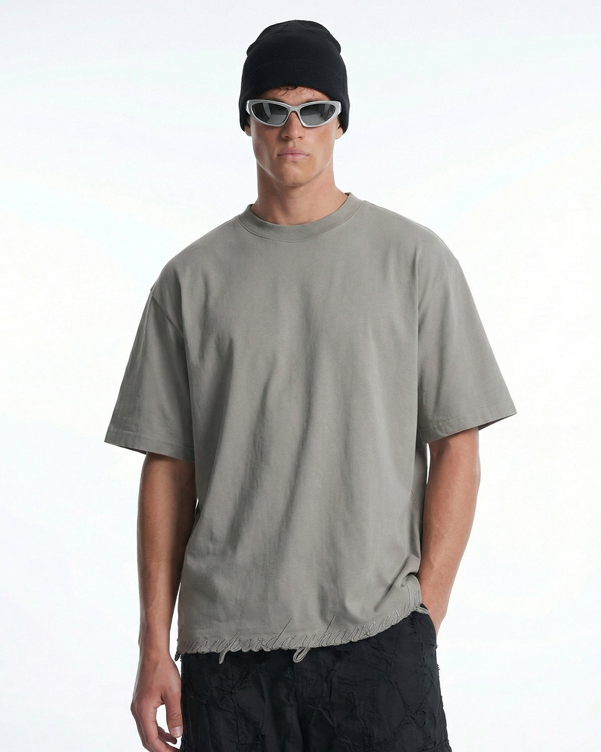 Embroidered Frayed Hem Oversized T-Shirt