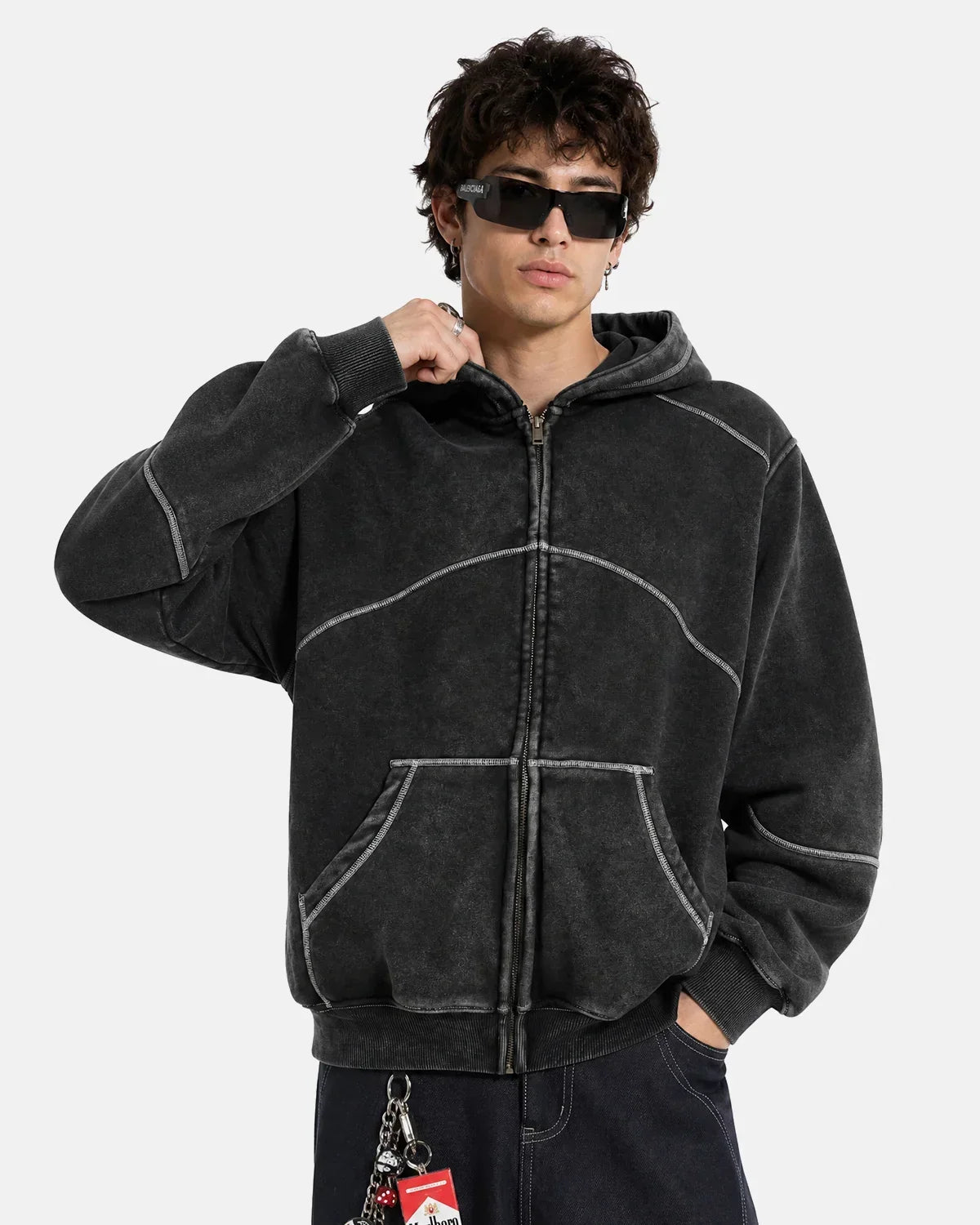 Contrast Stitch Boxy Zip Up Hoodie