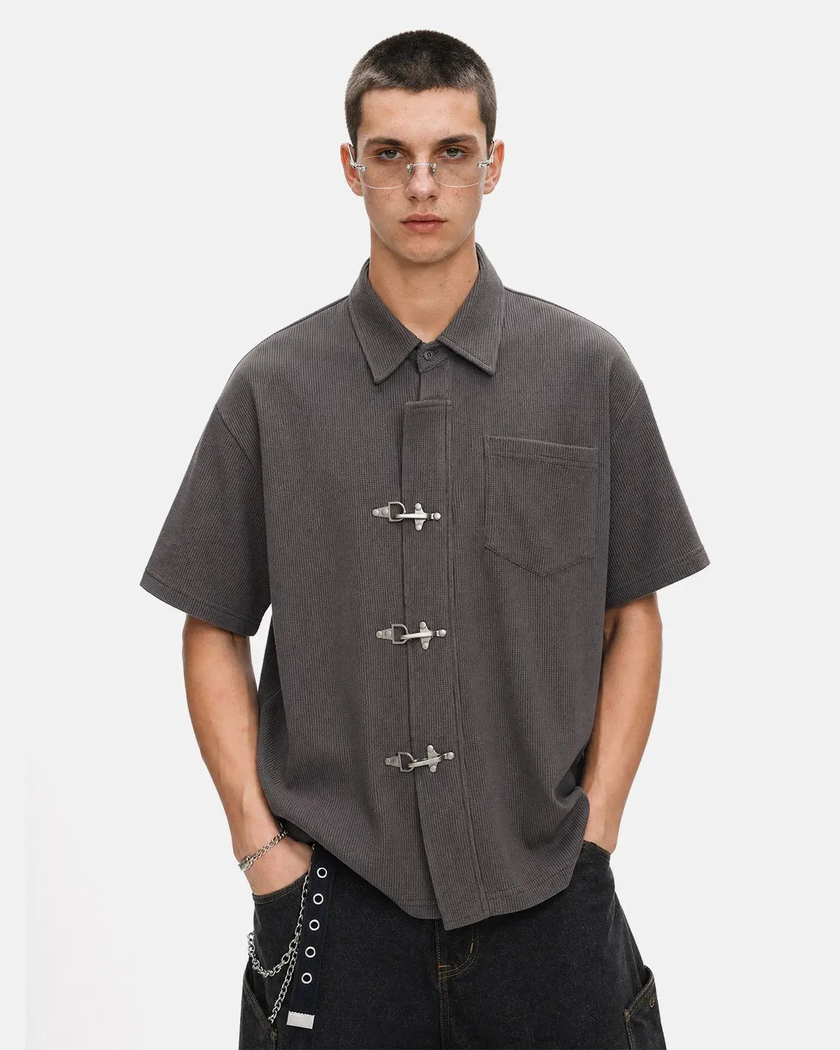 Metal Clasp Waffle Shirt