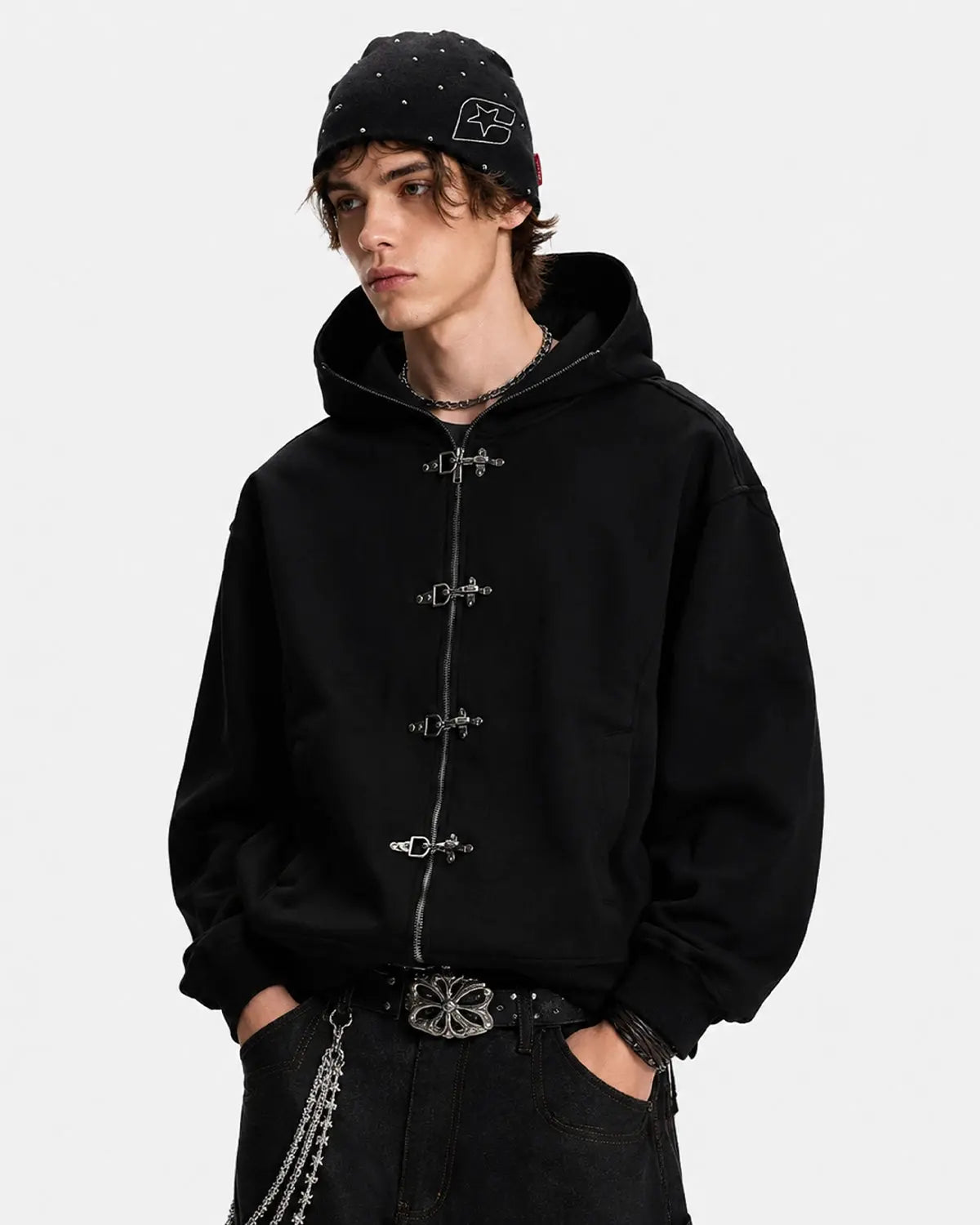Metal Clasp Boxy Zip Up Hoodie