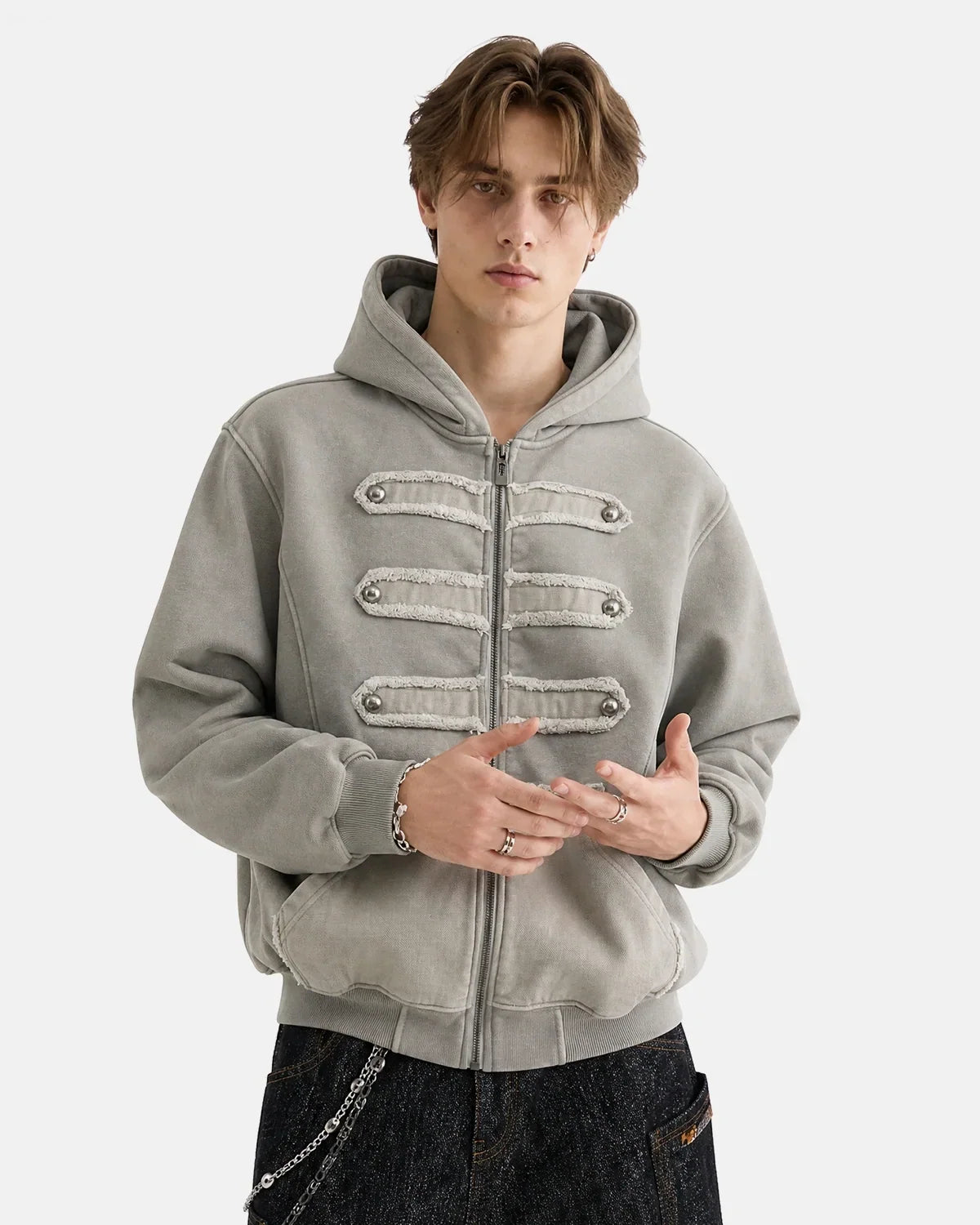 Washed Studded Boxy Zip Up Hoodie